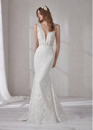 V Neck Ivory Lace V Back Wedding Dress